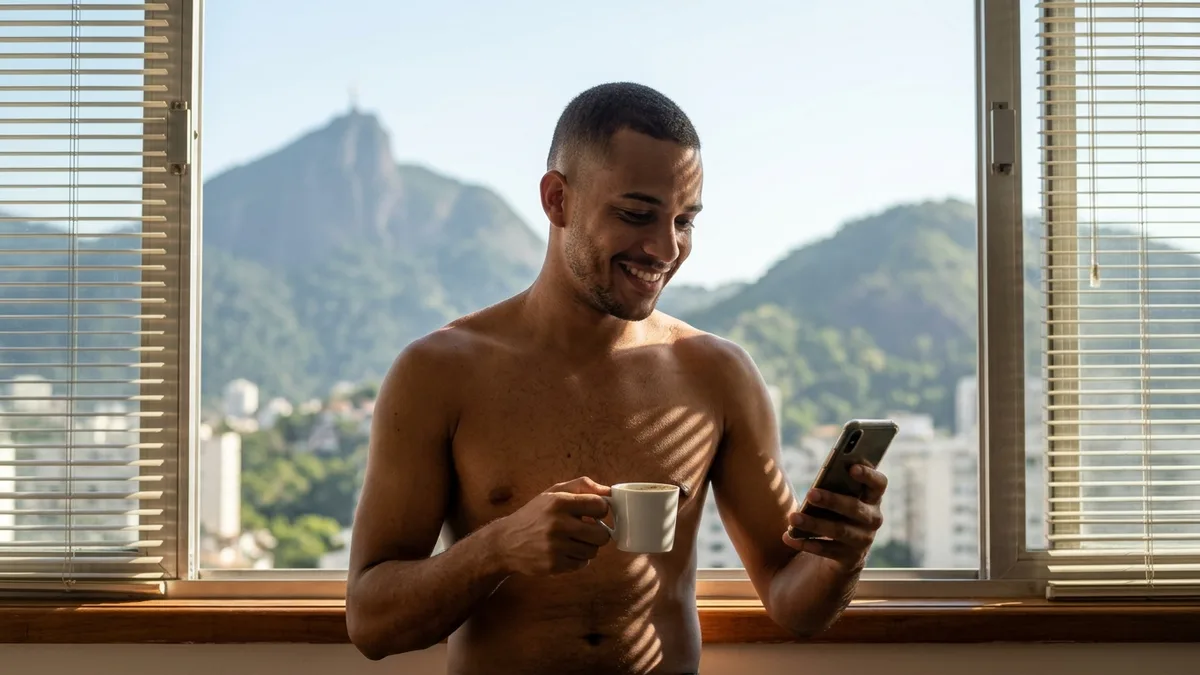 Um cara sem camisa sorri para o celular na janela, com o Cristo Redentor ao longe no Rio