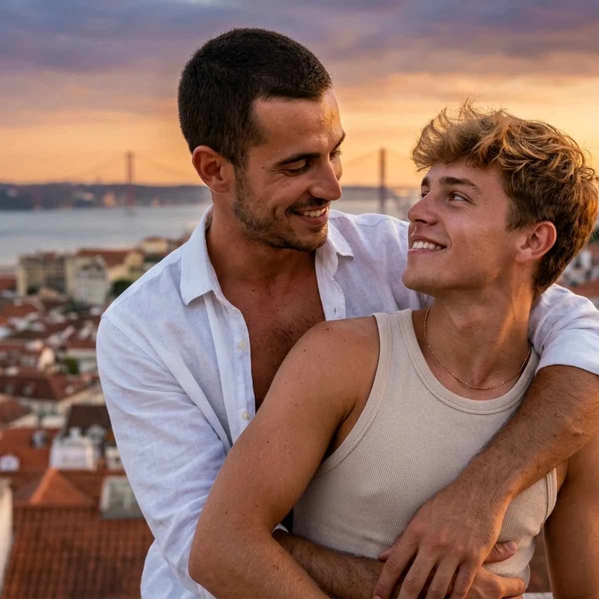 Dois rapazes que se conheceram no chat gay em Portugal, abraçados num miradouro de Lisboa ao pôr do sol